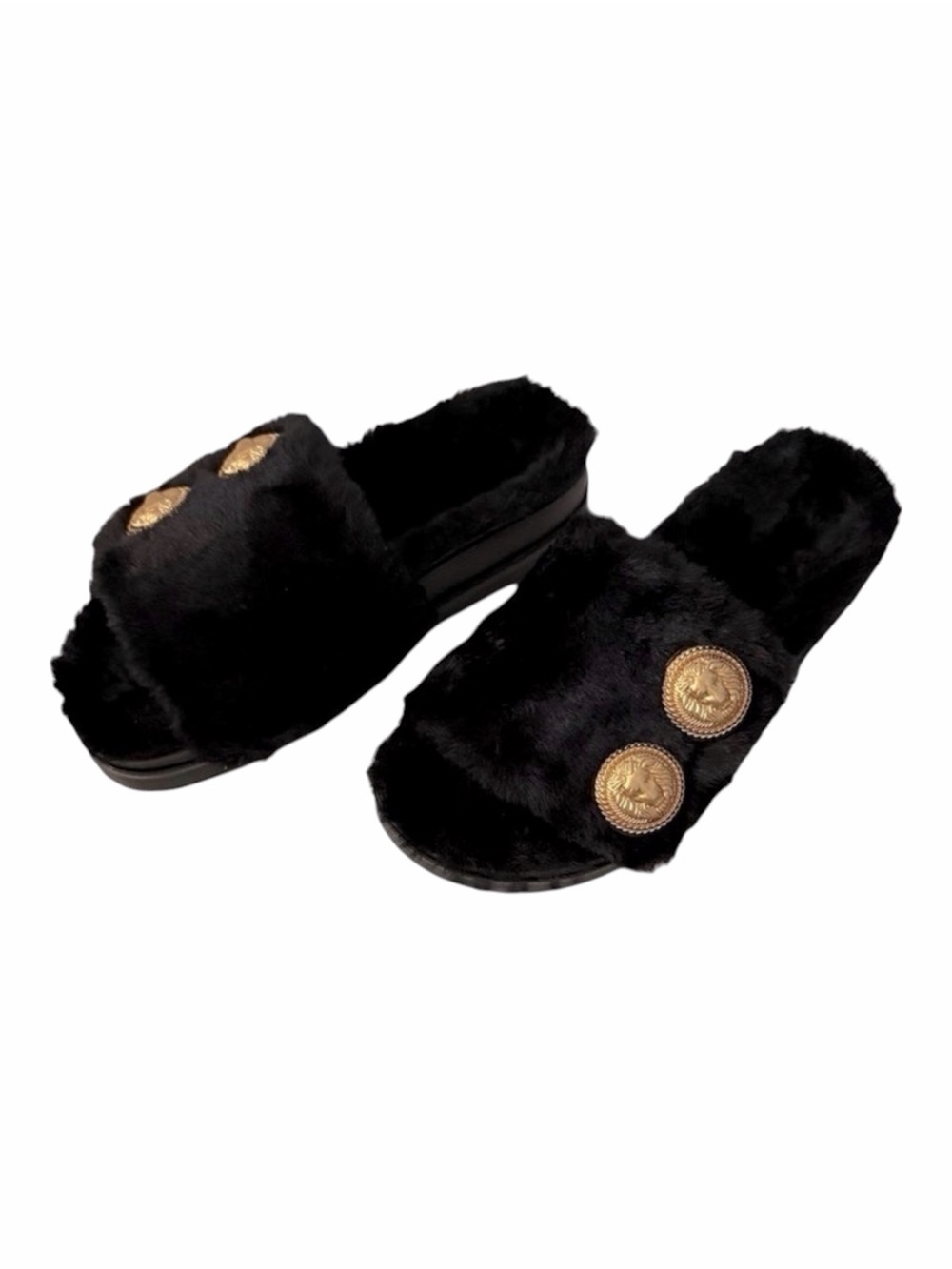Balmain Paris Faux Fur Black Flat Gold Logo Buttons Size 7 Sandals or Sleepers